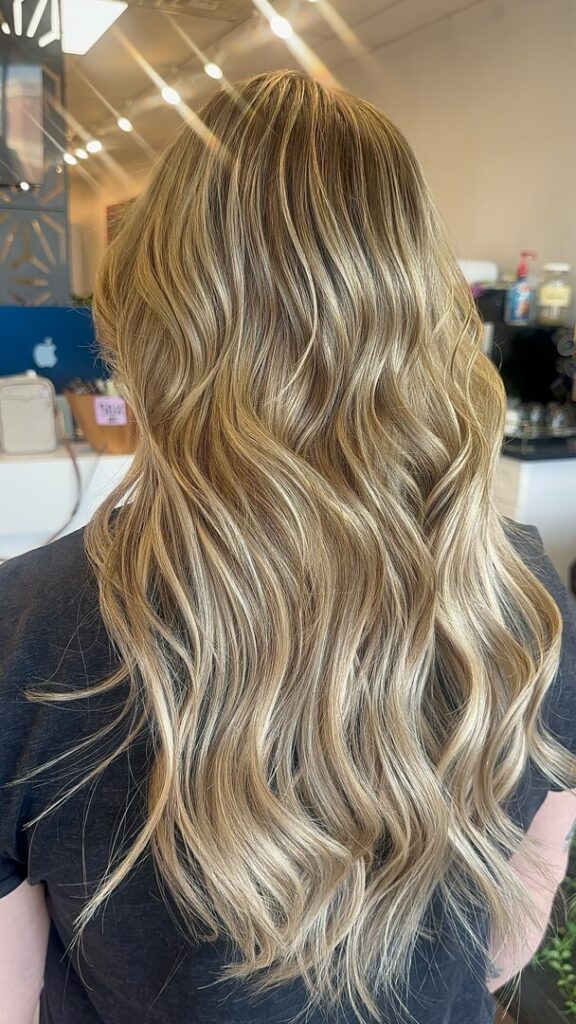 - The Color Bar, TX Person with long, wavy blonde hair facing away, standing in a salon with various hair products and a purse visible in the background. - The Color Bar, TX